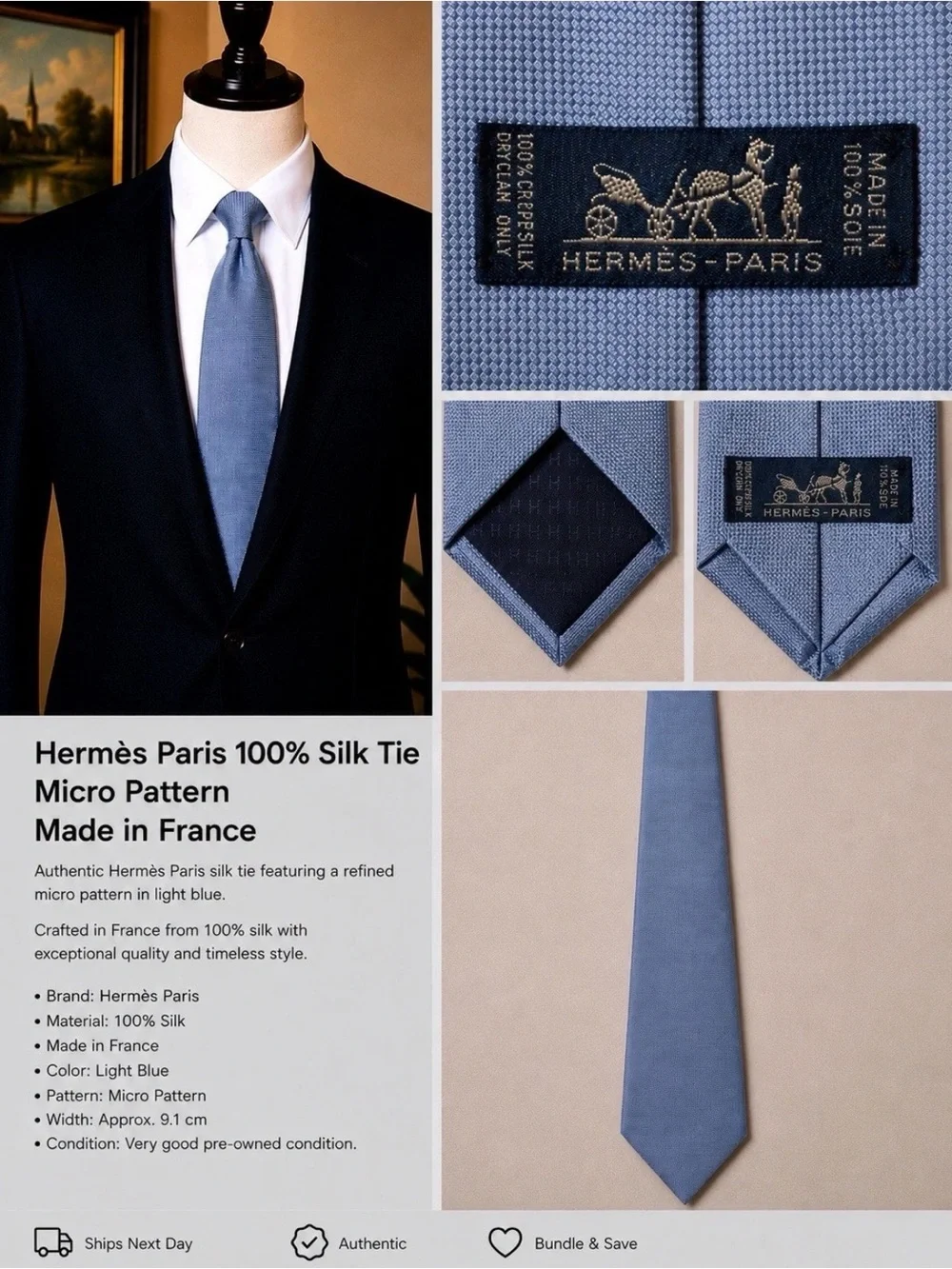 Hermes Light Blue Silk Tie